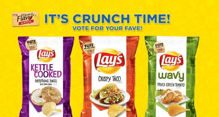 Requesting fans to vote for their favorite flavor The image shows a Facebook post of Lay's three final flavors of the contest (Everything Bagel, Crispy Taco, Fried Green Tomato). They are calling upon consumers to vote for their favorite one.
