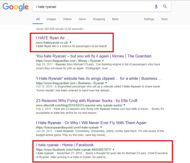 Google search results of #ihateryanair (Google, 2017)