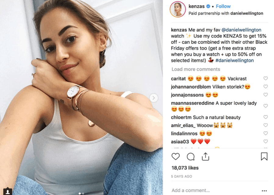 Screenshot from Kenza Zouiten´s Instagram showing of her Daniel Wellington watch