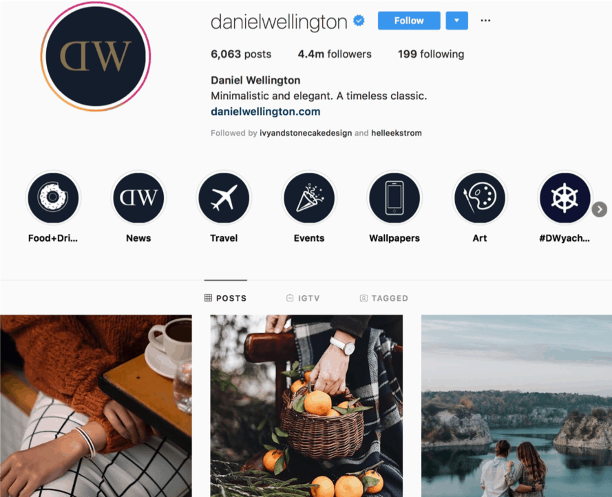 Screenshot of Daniel Wellington´s own Instagram showing their different content
