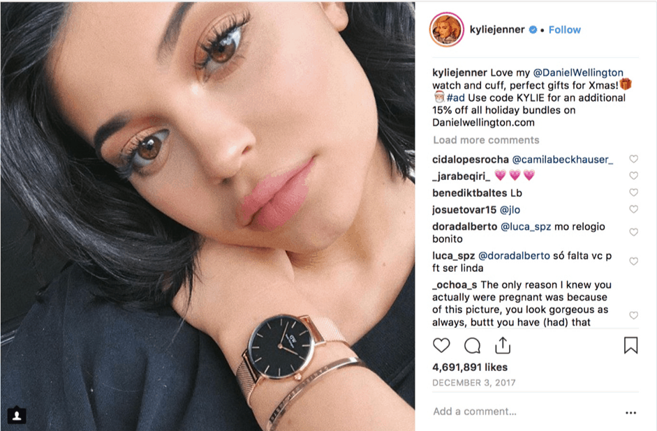 Screenshot of Kylie Jenner’s Instagram posing with a Daniel Wellington watch