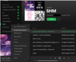 Is an image displaying the user interface of Spotify on a computer and showing the menu that appears when you right click on any of your own user generated playlists, and the feature of making it a “Collaborative Playlist”.