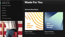 Is an image of the interface of the Spotify application on a computer, displaying the features of Spotify “made for you”-page, also displays the two generated playlists by Spotify called “Release Radar” and “Discover Weekly”.
