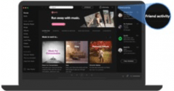 Is an image displaying the user interface of Spotify on a computer. With an emphasis on the menu on the right-hand side of the desktop application, showing your “Friend activity”-feature, what your friends that you follow are listening to.