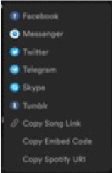 is an image displaying the share-menu, you get when you click the three dots at the end of any song and then click on “share”. You will then get these nine choices, which are: Facebook, Messenger, Twitter, Telegram, Skype, Tumbler, Copy Song Link, Copy Embed Code, and Copy Spotify URI.