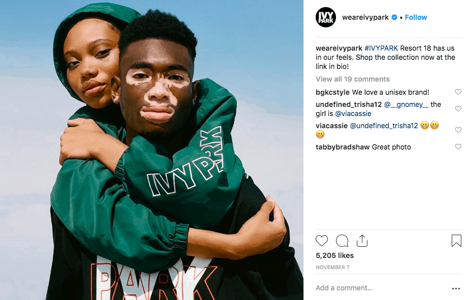 Ivy Park promotes its products to individuals of all colors and races, as well as not only women, but also men on social media