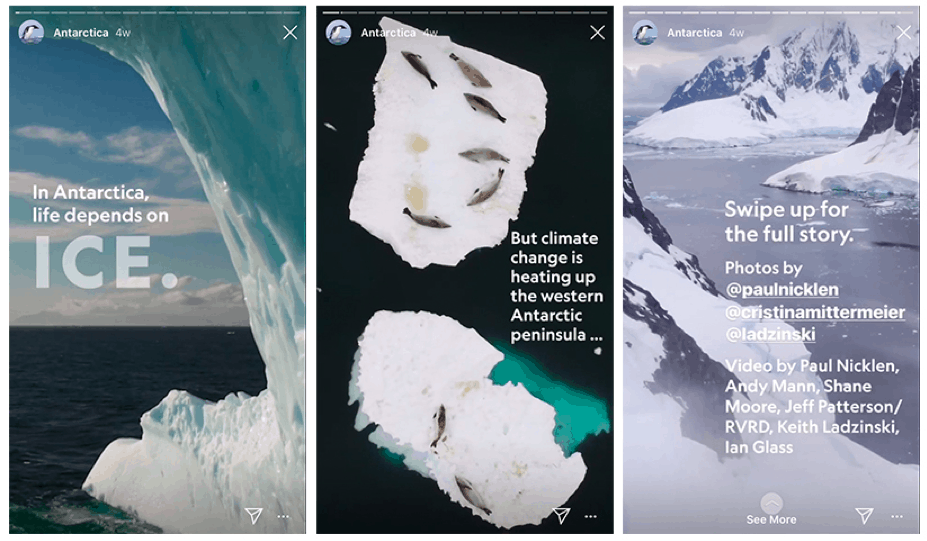 National Geographic is educating their followers about the Antarctic ice melting through storytelling on Instagram Stories.