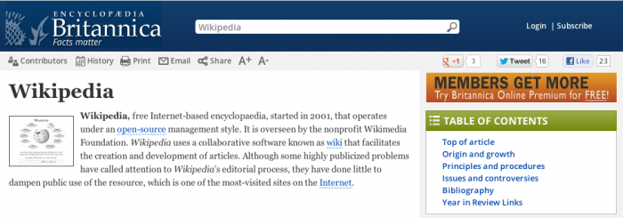 Wikipedia Article on Encyclopedia Britannica, Brand Dementia