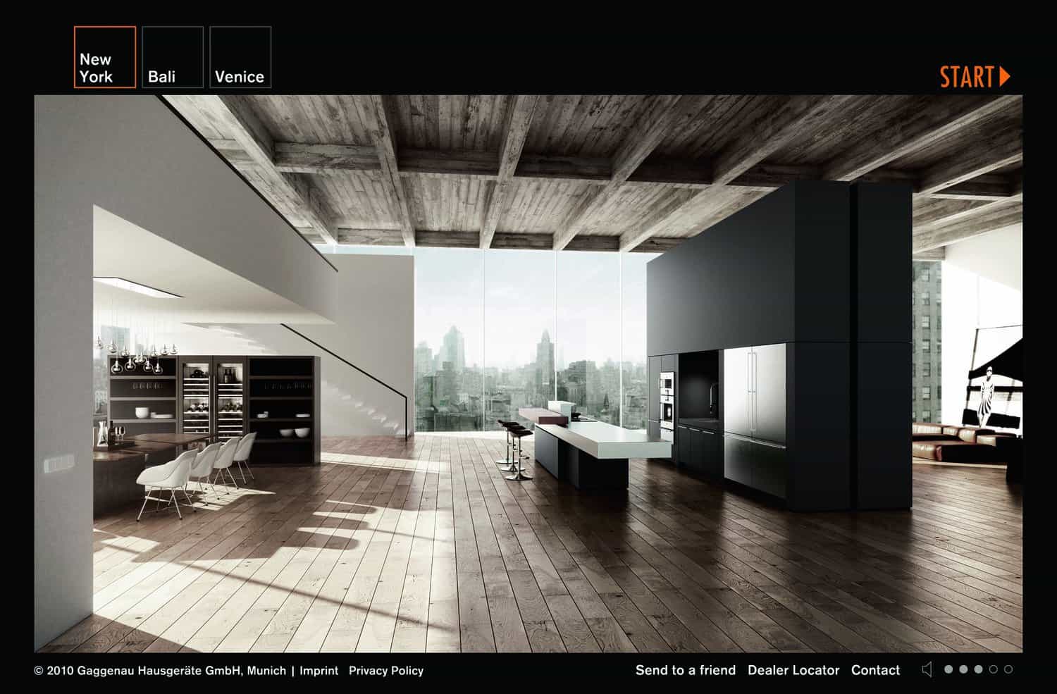 The Gaggenau 3D online showroom displays a modern kitchen with a view on New York, which creates a rich sensory online brand experience.