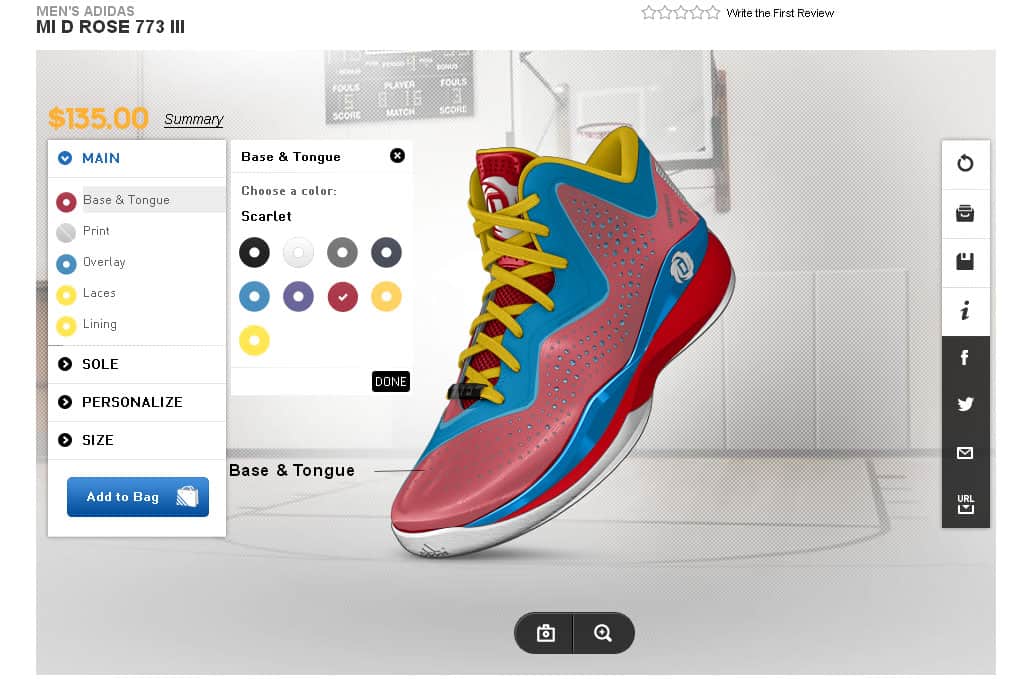 The Adidas miadidas online platform shows a shoe customised by the user and the user interface with the tools to create the shoe.