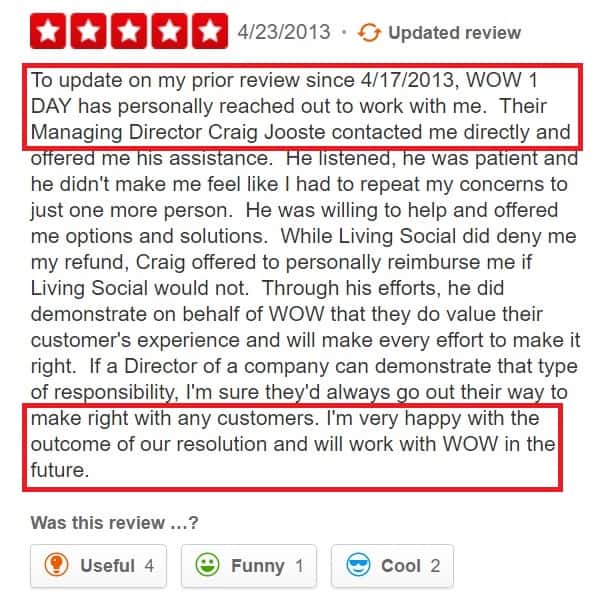 WOW 1 DAY Yelp complaint