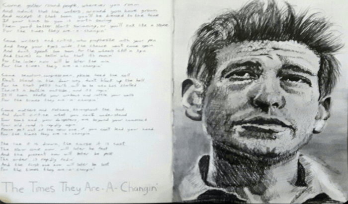 Bob Dylan sketch with handwritten for the song times they are changing