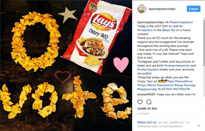 Instagram #teamcrispytaco: Finalist calling for votes The image shows an Instagram post of one of the flavors which made it in the finale (Crispy Taco). The contestant is calling to vote for her.