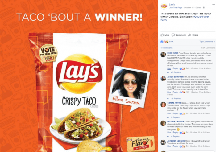  The winner of 2017's "Do us a f(l)avor" contest The image shows a Facebook post of Lay's announcing the winning flavor of 2017's "Do us a flavor" contest. The winning flavor is Crispy Taco.