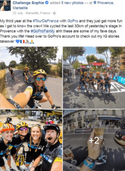 GoProFamily cyclist sharing her Tour de France experiences and photos on company's Facebook channel