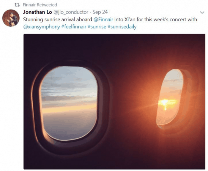 Traveler's photo on sunrise shared on Finnair's Twitter account