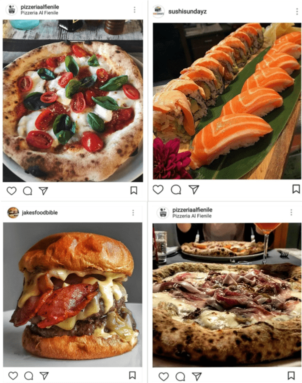 Example of food photo that can be found on Instagram: pizzas, sushi and hamburgers