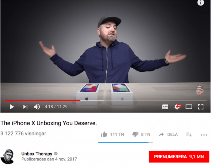 Image of the YouTuber Unbox Therapy, displaying views for the video and number of followers