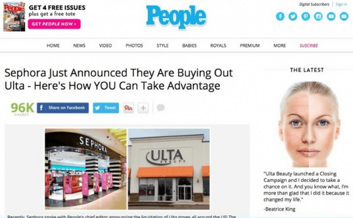 Fake People article about Ulta shutting down- fake news on social media