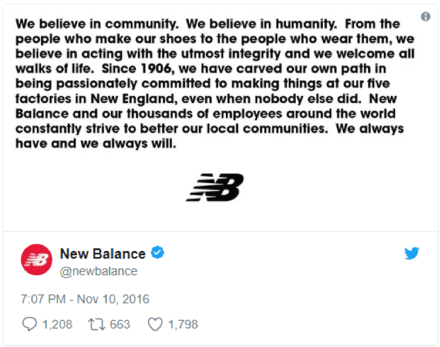 Twitter response from New Balance concerning fake news