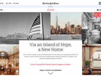 Screenshot showing an editorial sponsored by Airbnb in The New York Times. The content consists of a guide of Ellis Island, New York