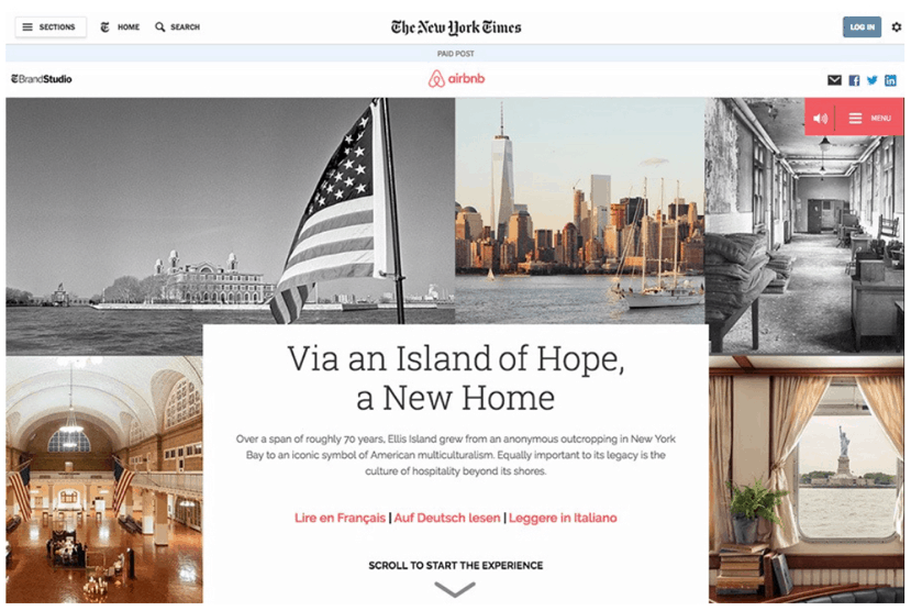 Screenshot showing an editorial sponsored by Airbnb in The New York Times. The content consists of a guide of Ellis Island, New York.