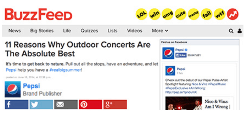 Screenshot showing an example of how Buzzfeed creates native advertising content. The content is presented through a top-list of '11 Reasons Why Outdoor Concerts Are The Absolute Best', sponsored by Pepsi.