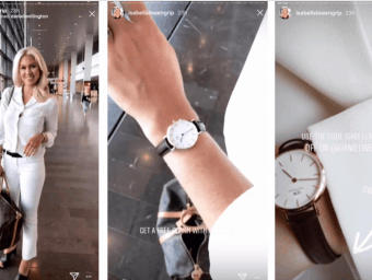 Three screenshots in one of Isabella Löwengrip from her Instagram story showing of her Daniel Wellington watch in an everyday environment