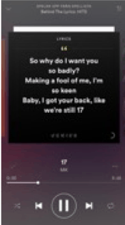 Is an image displaying how the user interface of the iPhone application looks like when you are listening to a song that has the feature of “Behind the lyrics” provided by Genius. In this case the song 17 – MK is playing and a part of the lyrics of this song is shoving in front of the song cover.