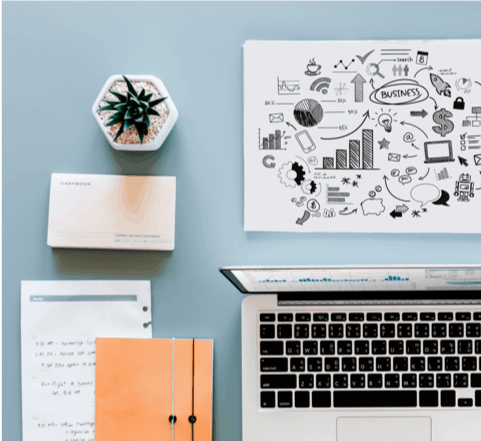 Desk with a business plan, laptop and notes