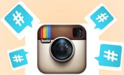 Instagram icon and blue hashtags