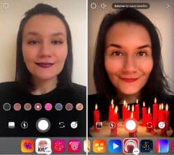 Two pictures of a woman trying on augmented reality filters on Instagram from Kylie Cosmetics and Netflix.