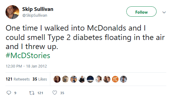 tweet from Skip Sullivan tweeting about the hashtag #McDStories
