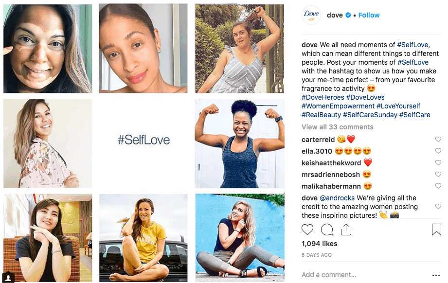 Dove uses the hashtag #SelfLove to promote wellness and self-care