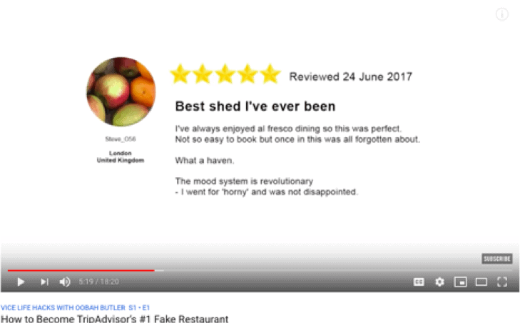A submitted five-star review on The Shed at Dulwich’s TripAdvisor page