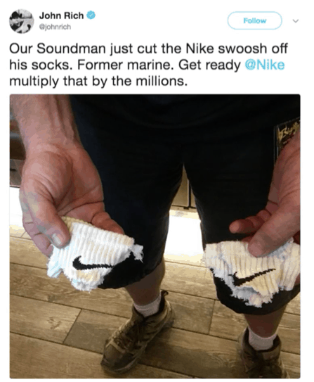 John Rich's Twitter Post about his future boycott of Nike after their anniversary campaign with Kaepernick (Rich, 2018)