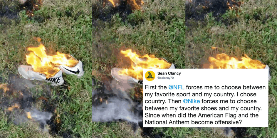 Twitter Post showing burning shoes as a sign to boycott Nike after their Kaepernick campaign (Clancy, 2018)